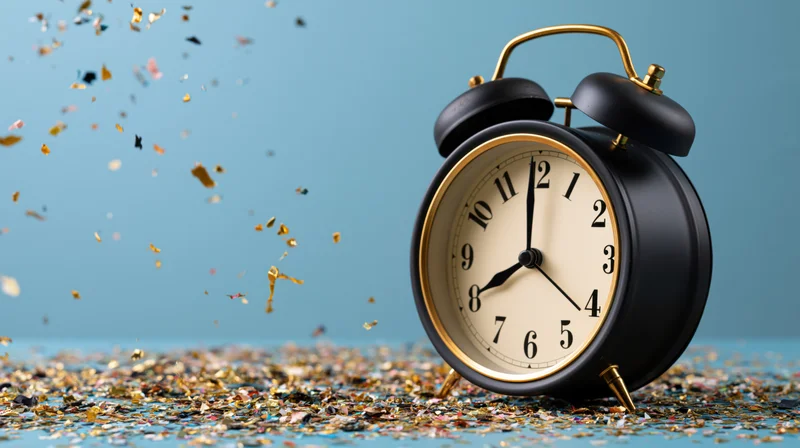 Vintage black and gold twin-bell alarm clock on blue surface with falling confetti around it