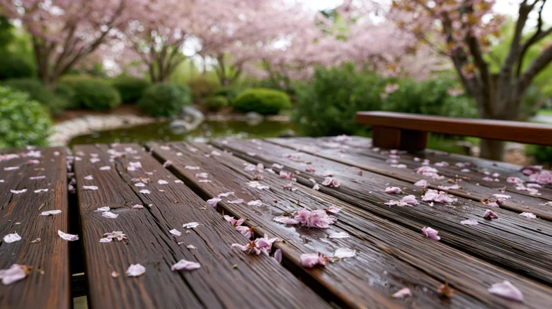 Weathered wooden deck scattered with pink cherry blossom petals in a garden with blooming trees and a pond in the background