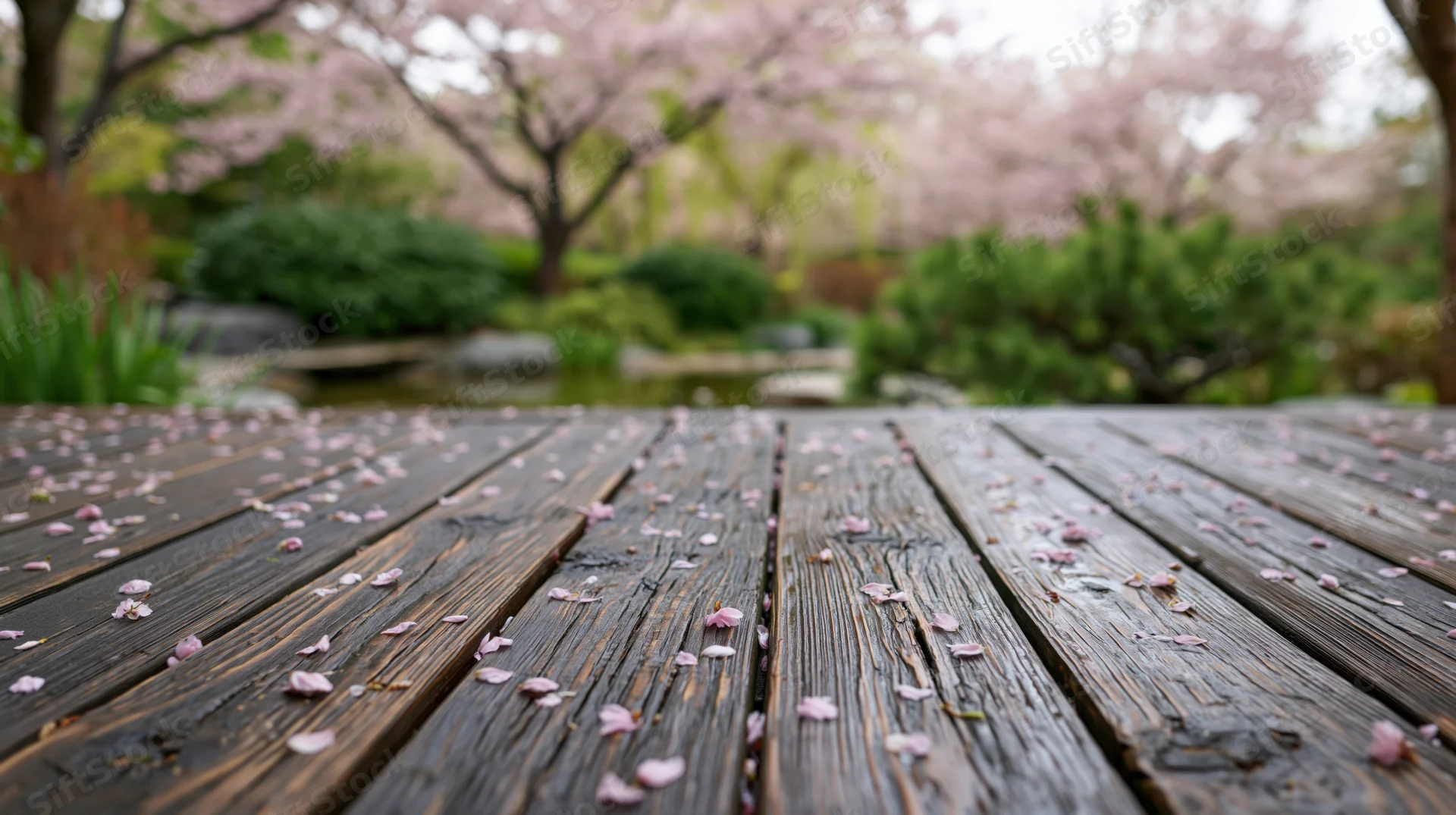 Weathered wooden deck scattered with pink cherry blossom petals in a Japanese garden