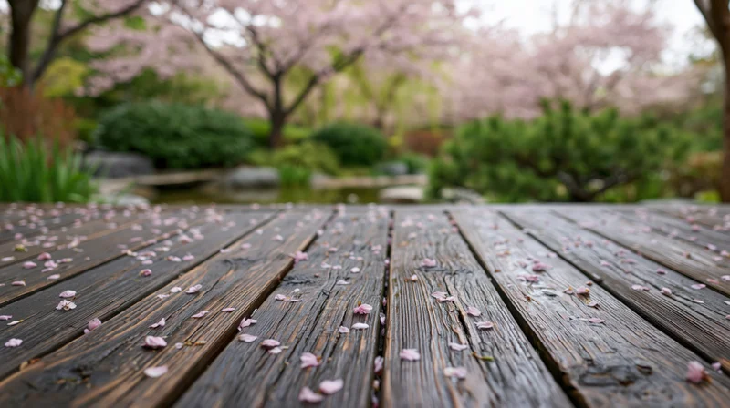 Weathered wooden deck scattered with pink cherry blossom petals in a Japanese garden