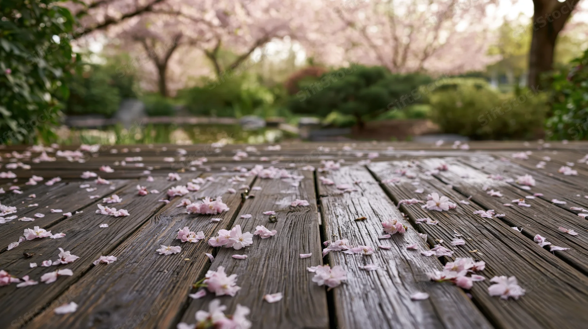 Scattered cherry blossom petals on a weathered wooden deck in a garden at dusk
