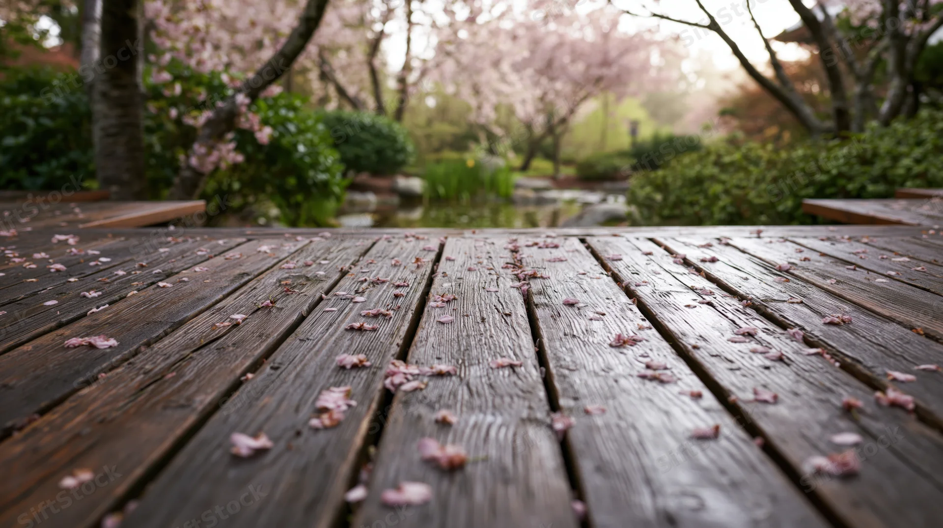 Weathered wooden deck scattered with fallen cherry blossoms in a garden setting
