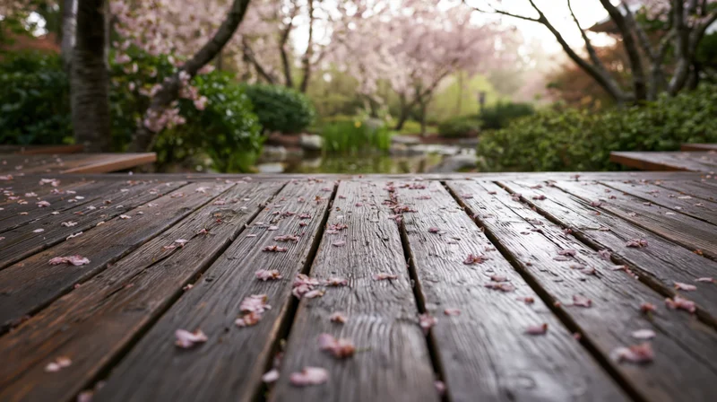 Weathered wooden deck scattered with fallen cherry blossoms in a garden setting