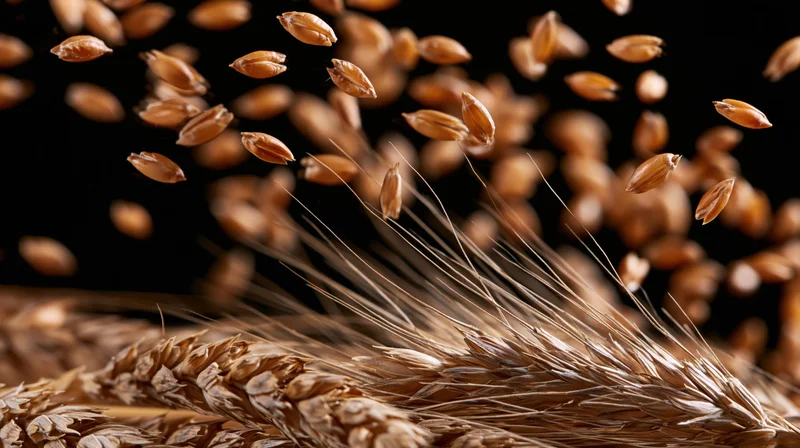 Wheat stalks with kernels falling midair against black background
