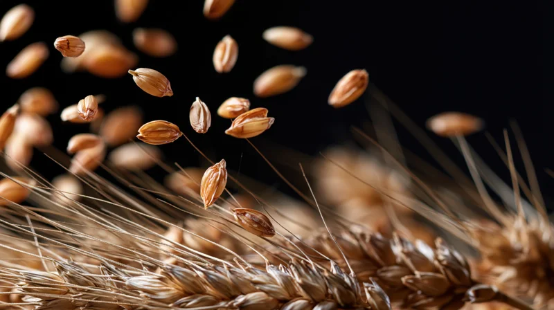 Wheat kernels falling mid-air above golden stalks in a field