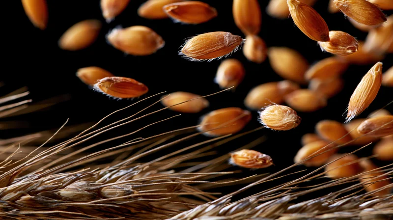 Wheat grain kernels and stalks with seeds scattered midair