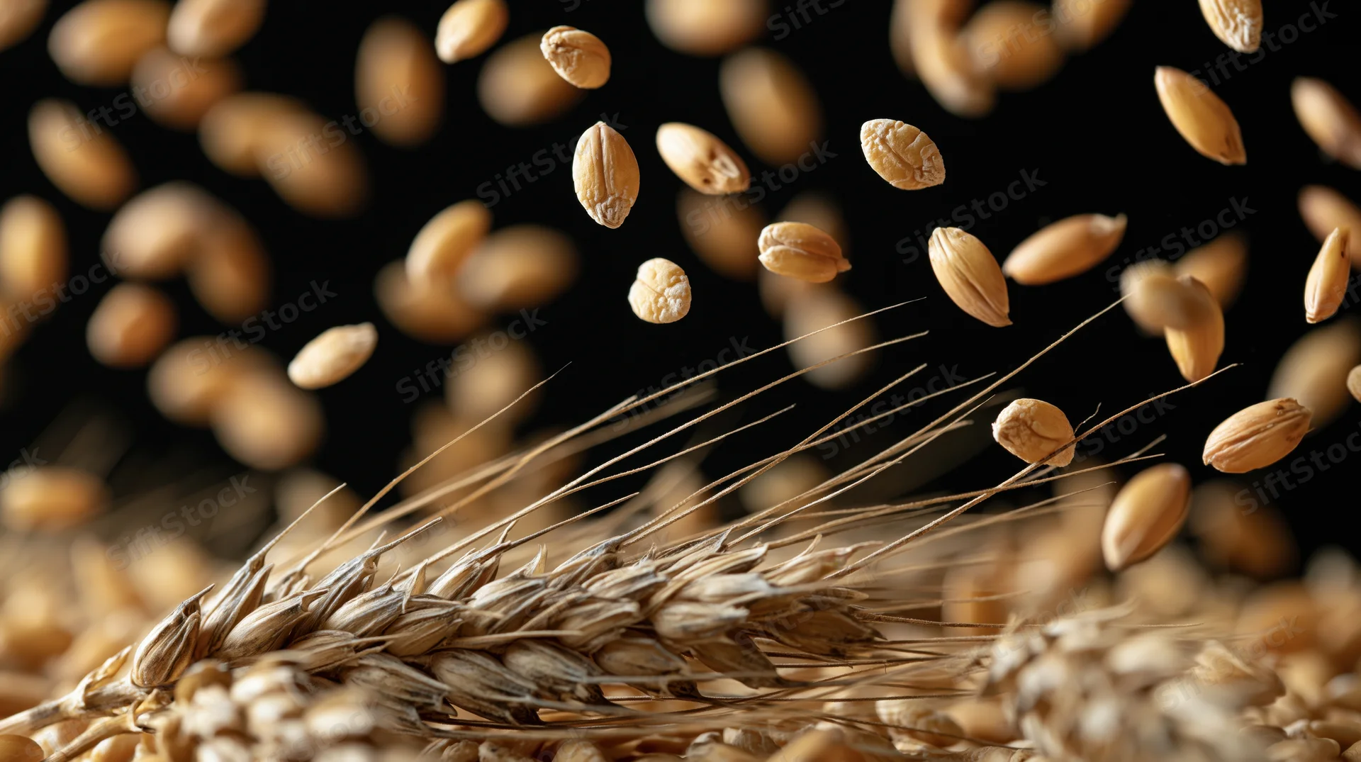Wheat stalk with kernels falling midair against dark background