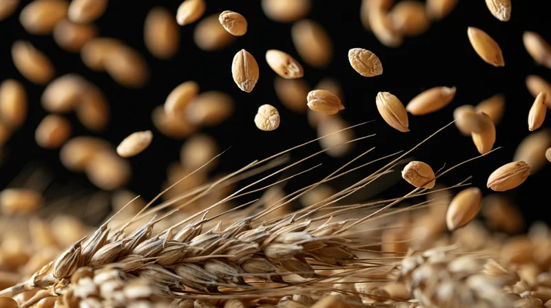 Wheat stalk with kernels falling midair against dark background