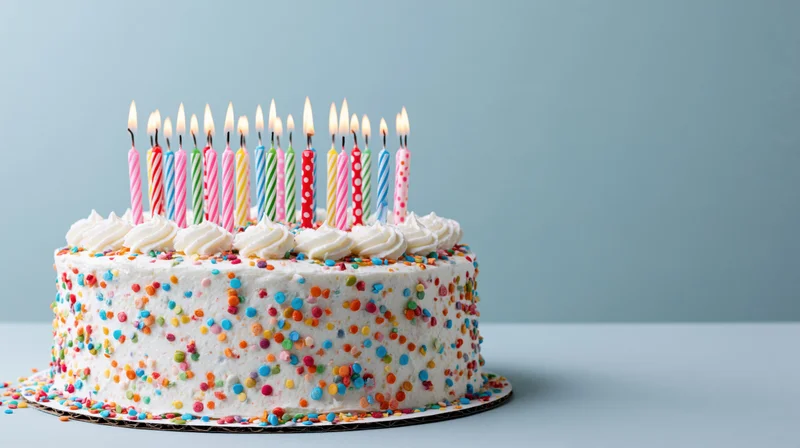 White-frosted birthday cake with lit candles and colorful sprinkles on a plate