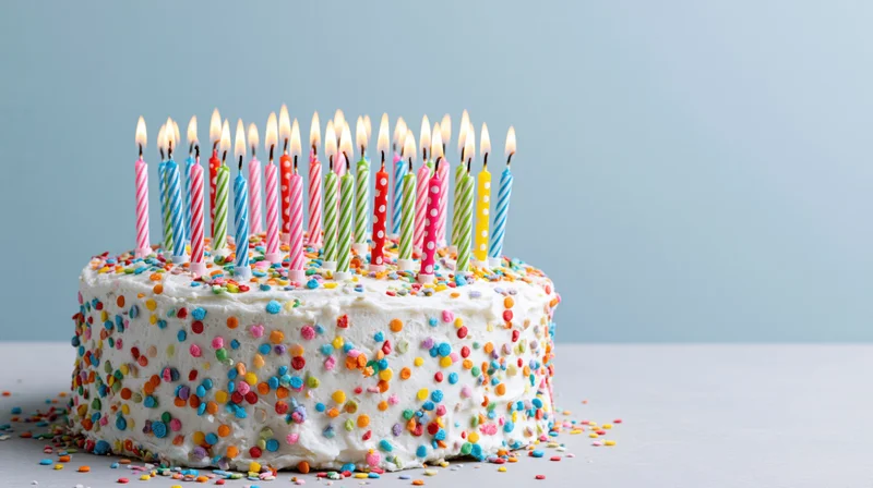 White-frosted birthday cake with lit candles and colorful sprinkles on a light surface