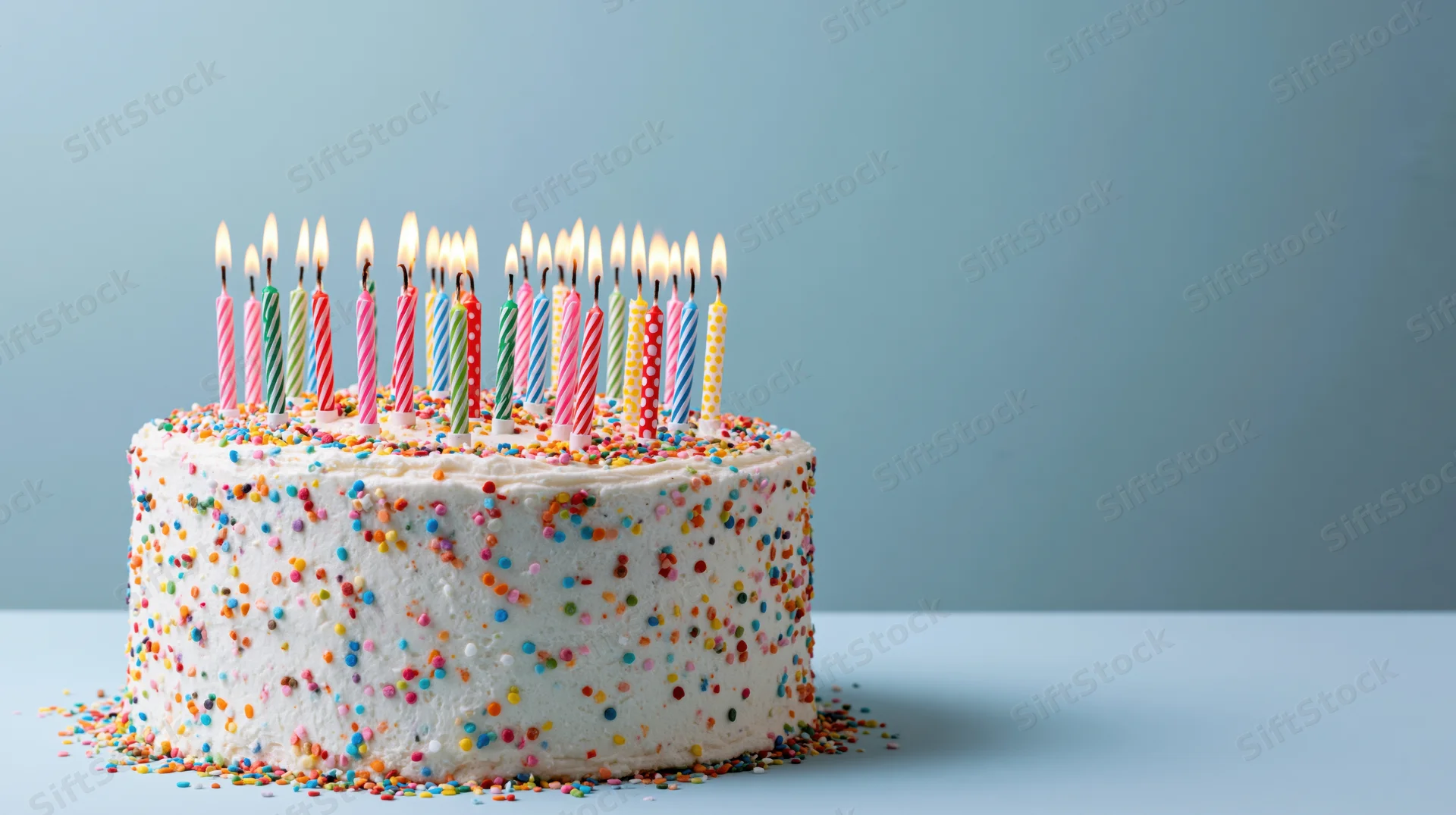 White-frosted birthday cake with lit candles and colorful sprinkles on a blue surface