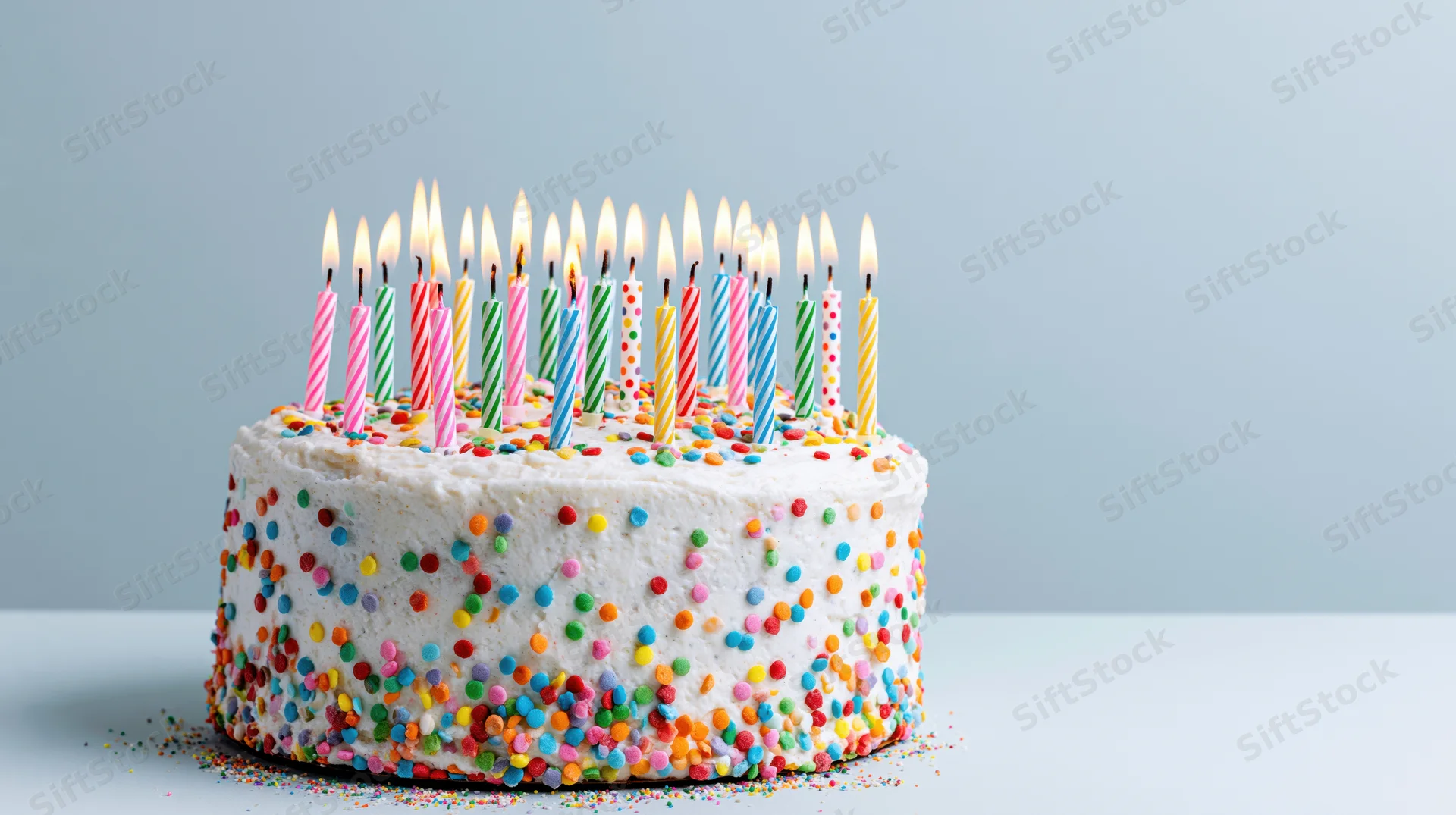 White-frosted birthday cake with lit candles and colorful sprinkles on a plain surface
