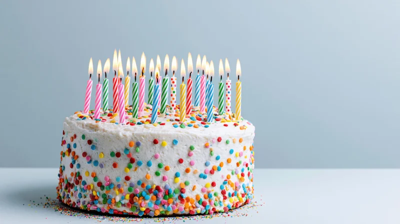 White-frosted birthday cake with lit candles and colorful sprinkles on a plain surface