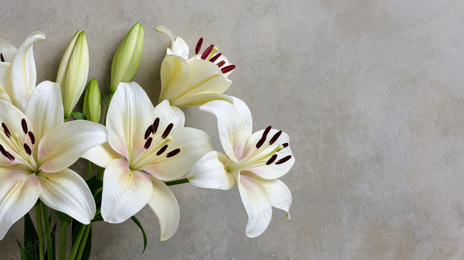 White lilies with open blooms and closed buds arranged on a gray textured surface