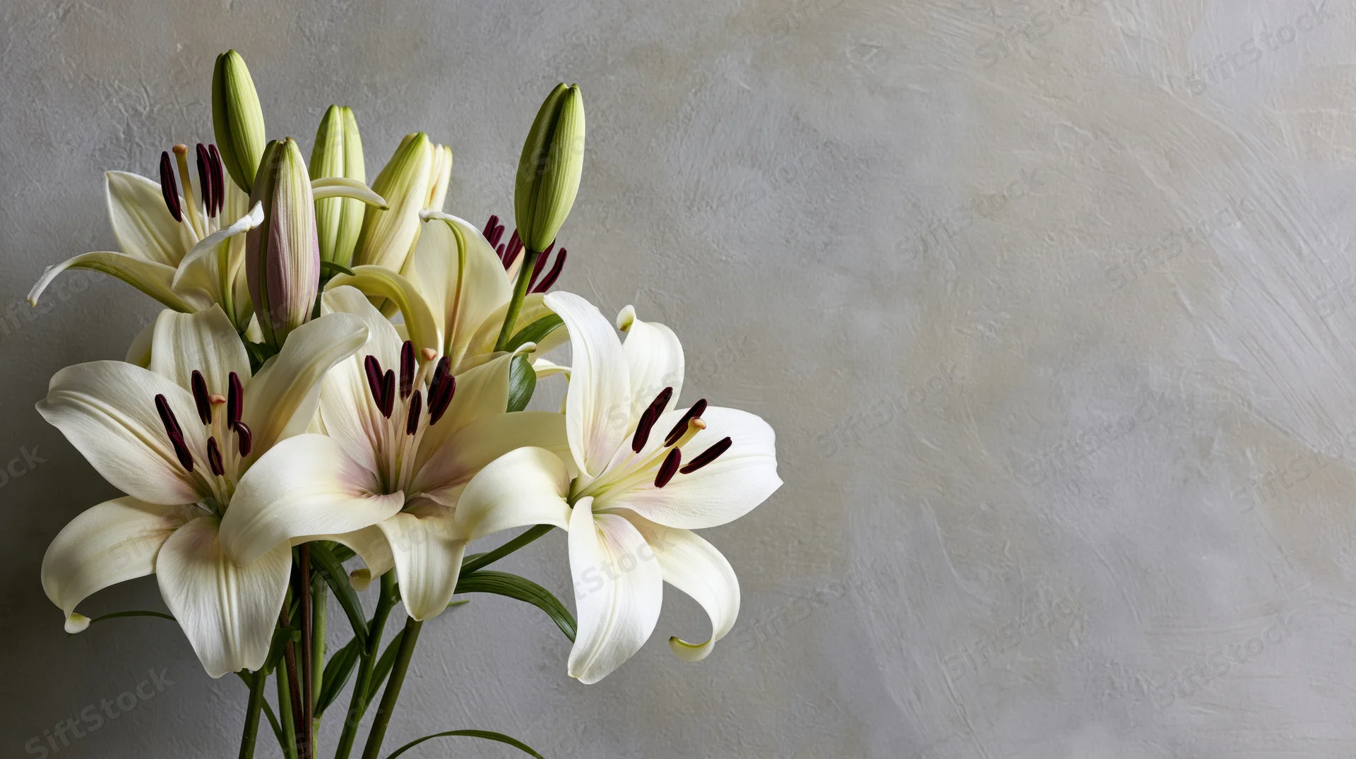White lilies in bloom and bud arranged against a textured gray wall with copyspace