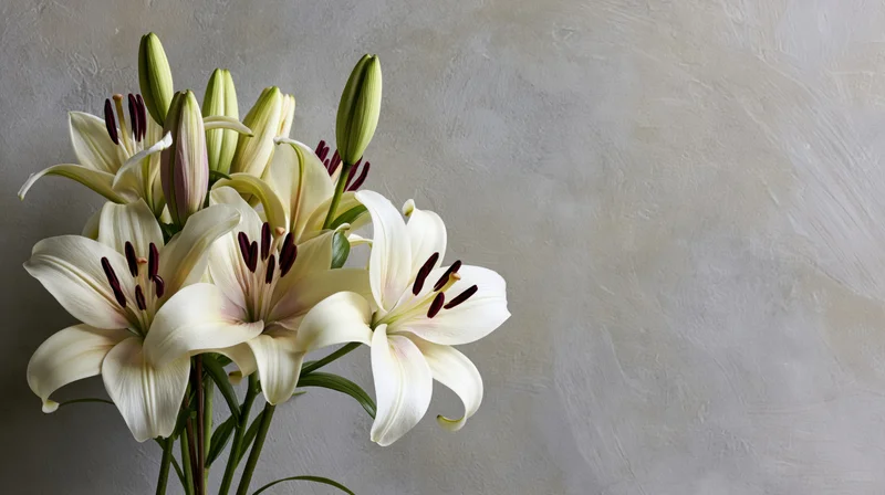 White lilies in bloom and bud arranged against a textured gray wall with copyspace