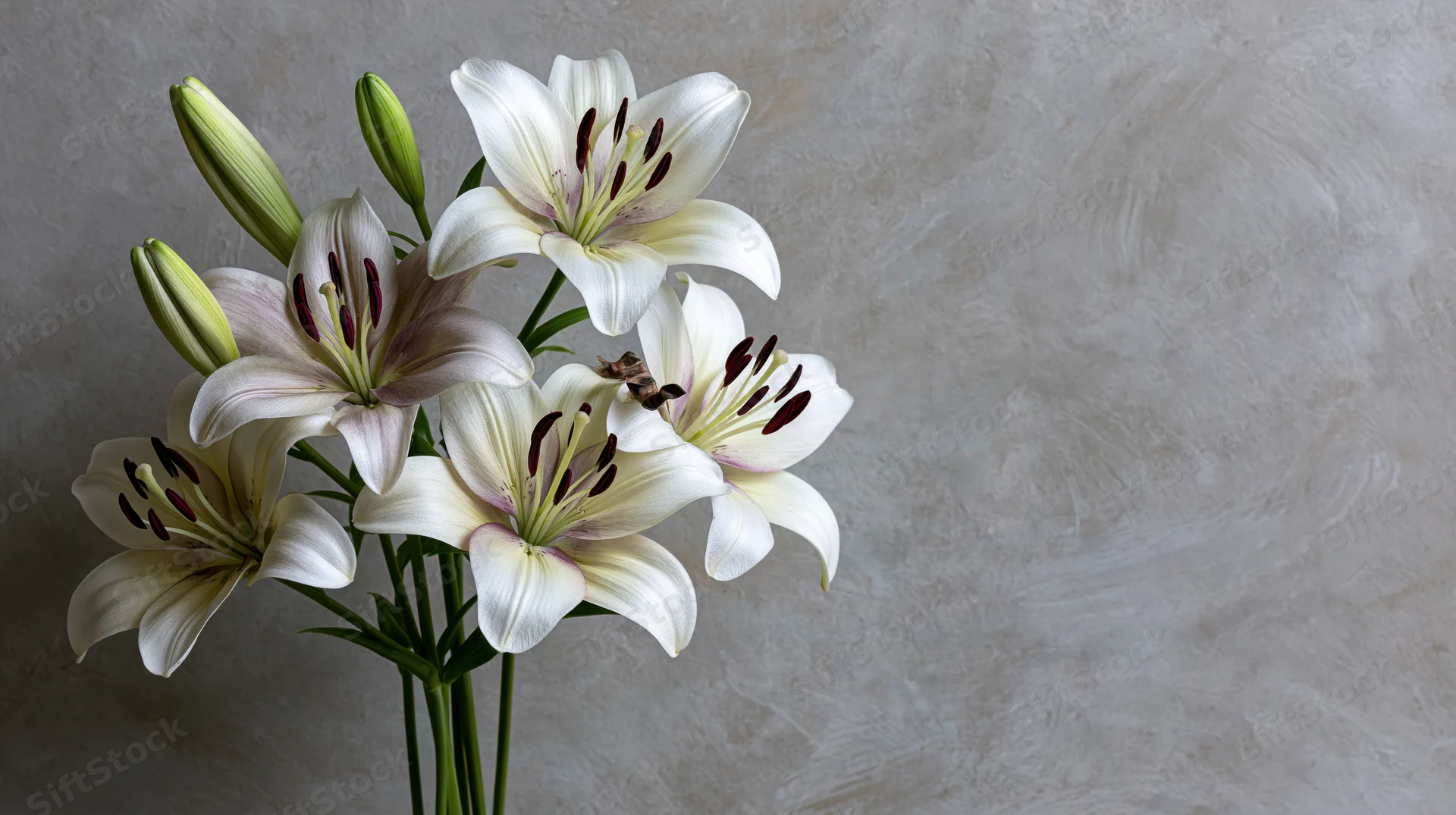 White lilies in bloom with closed buds arranged against a textured gray background