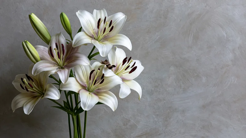 White lilies in bloom with closed buds arranged against a textured gray background