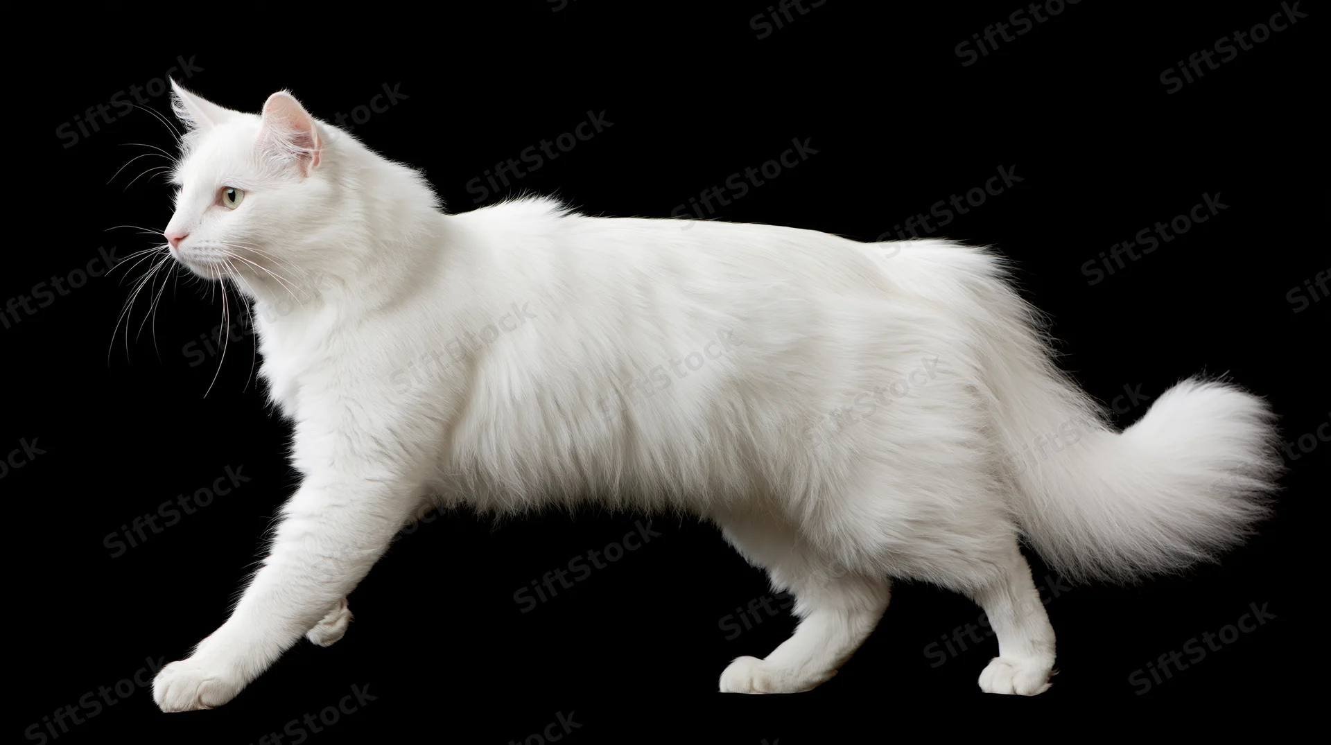 White turkish angora cat midstride in profile against black background