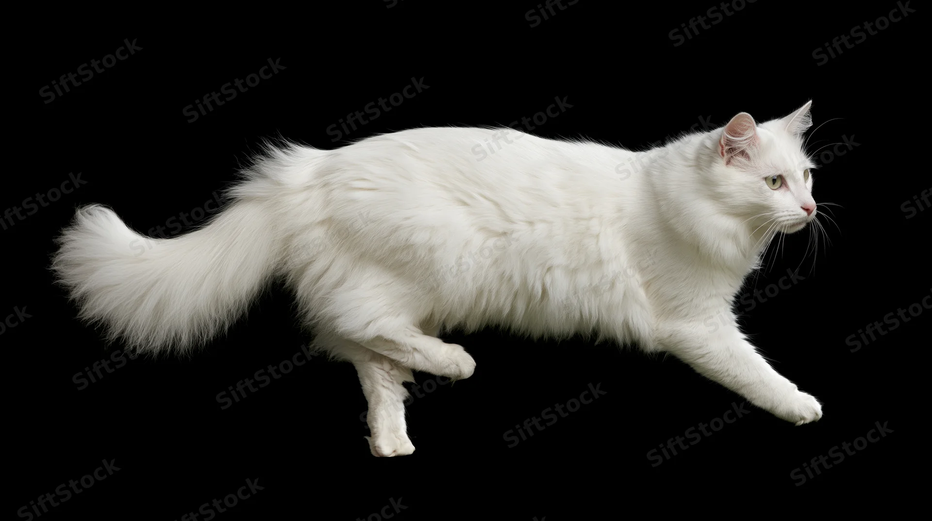 White turkishangora cat midstride with fully extended body against black background