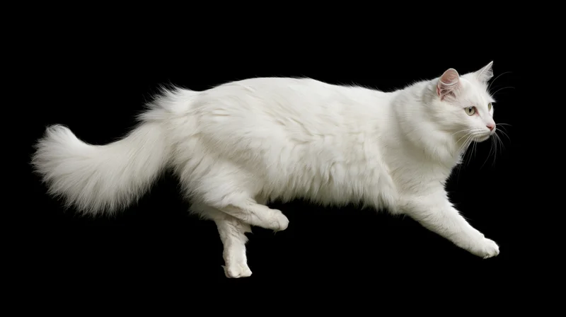 White turkishangora cat midstride with fully extended body against black background