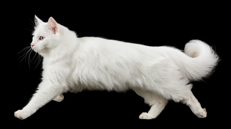 White turkishangora cat midstride in profile against black background