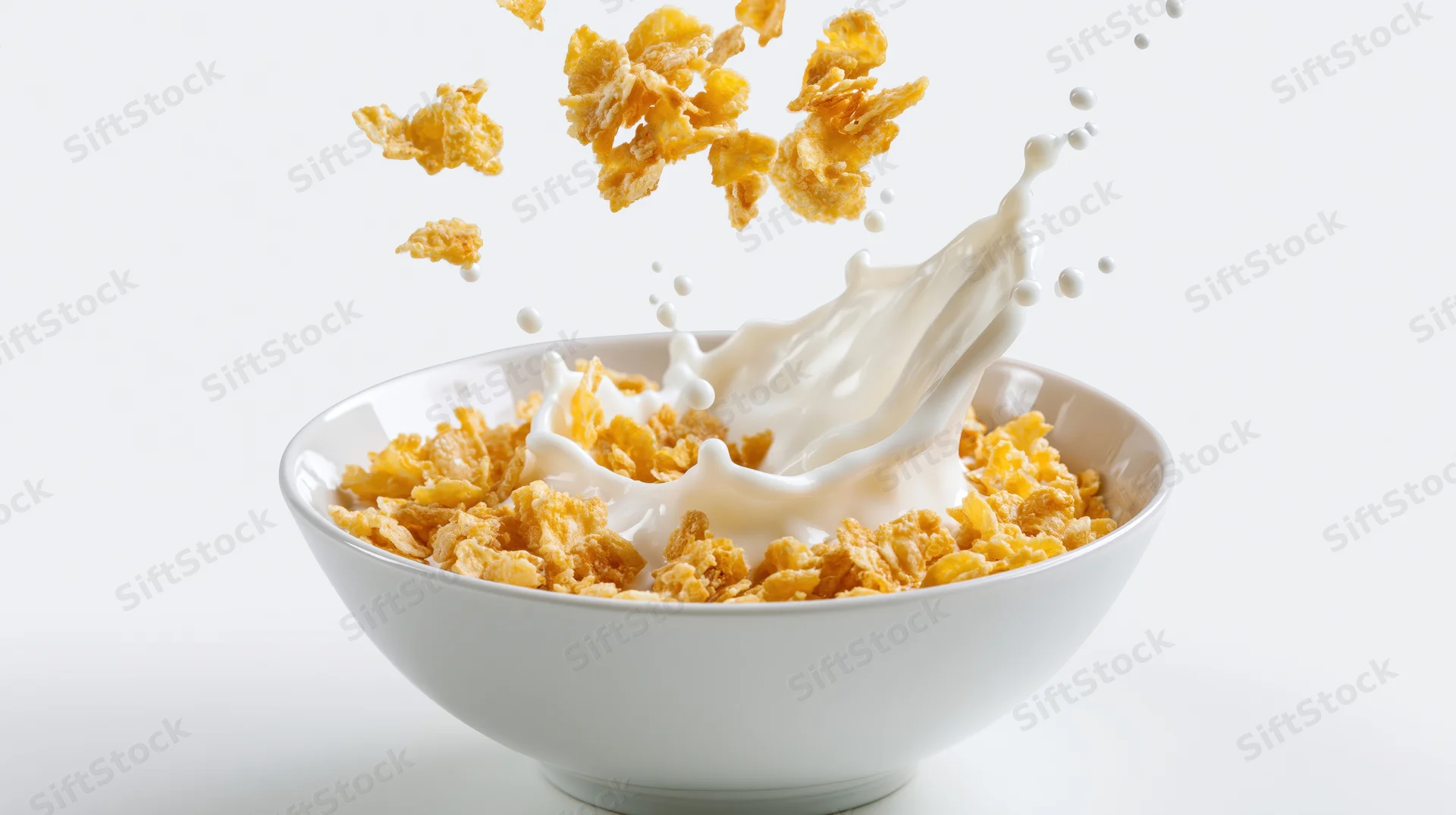 Corn flakes falling into a white bowl with milk splashing upward against a plain white background