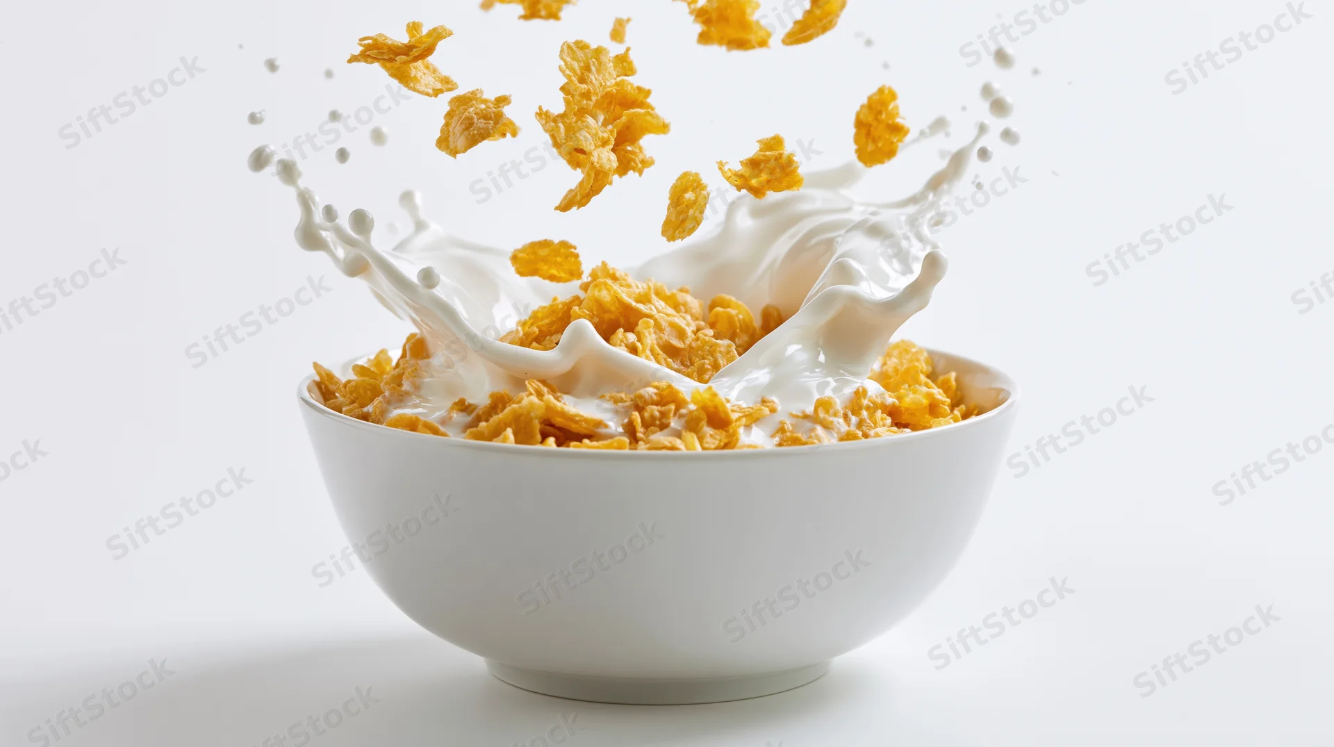 Corn flakes falling into a white bowl with milk splashing upward on a plain white surface