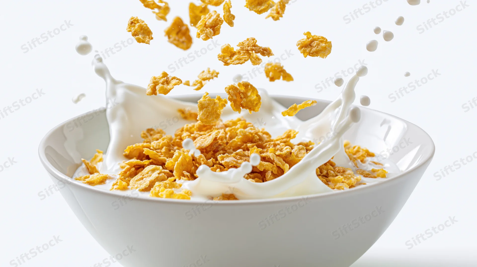 Corn flakes falling into a white bowl with milk splashing upward
