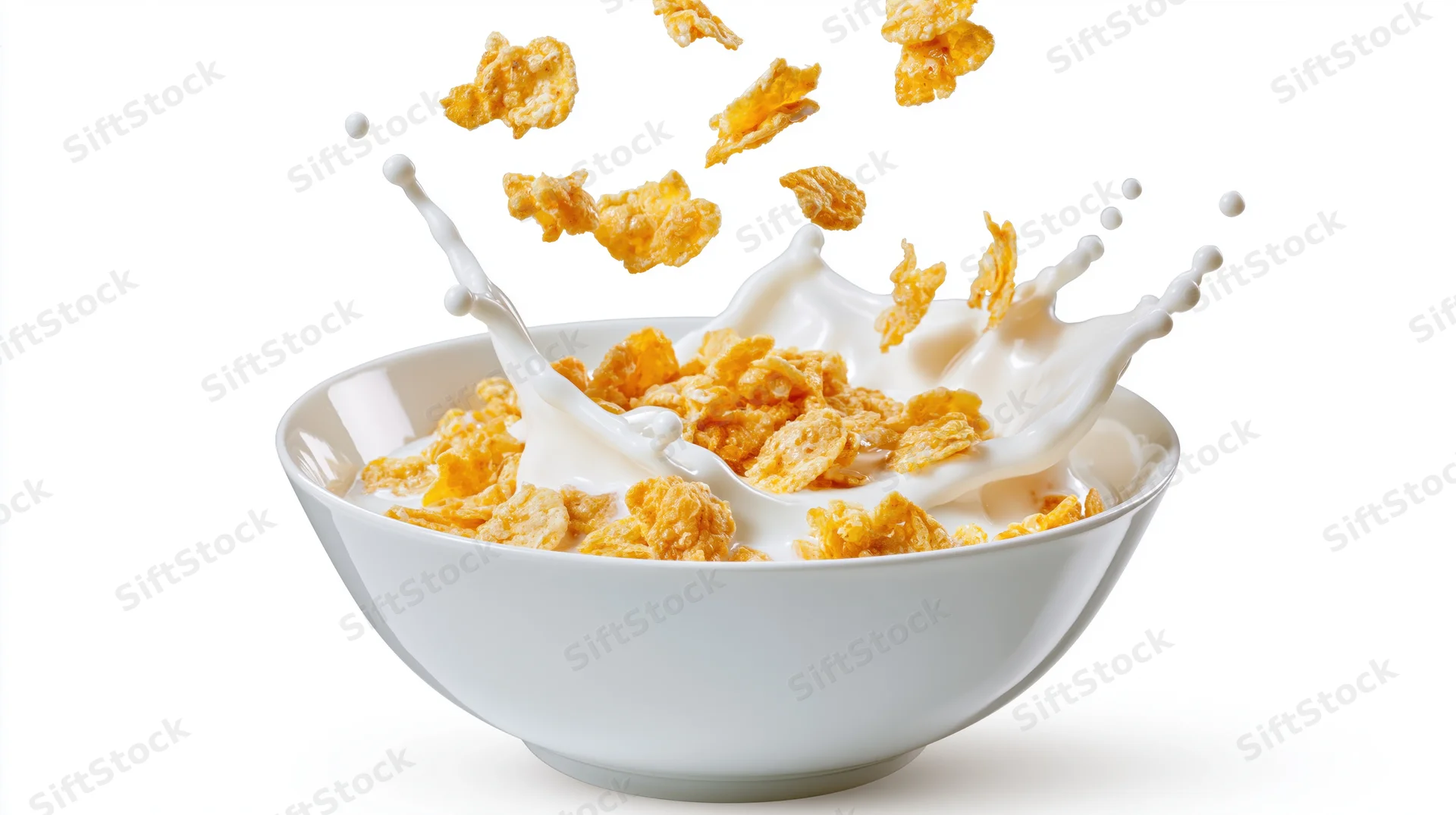 Corn flakes falling into a white ceramic bowl with milk splashing upward against a white background