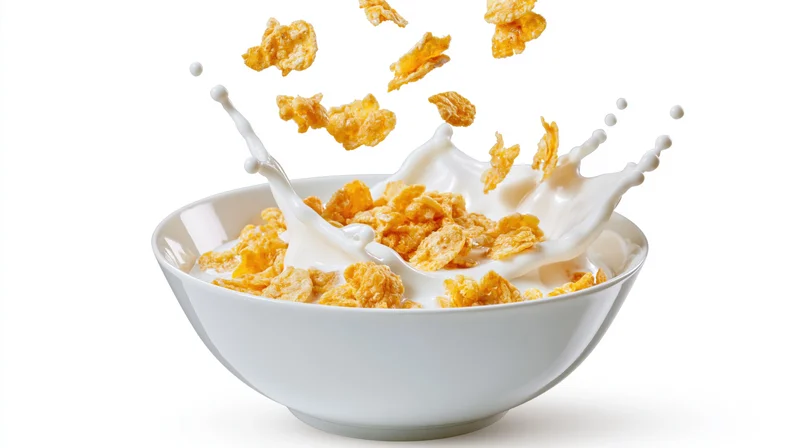 Corn flakes falling into a white ceramic bowl with milk splashing upward against a white background