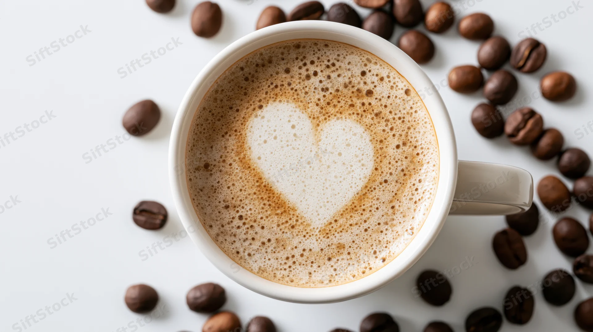 Cappuccino in a white ceramic cup with heart-shaped foam and scattered coffee beans on a white surface