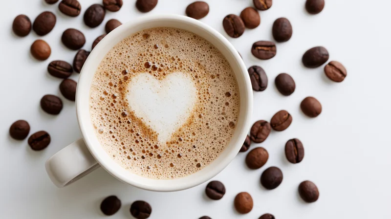 White ceramic cup of cappuccino with heart-shaped foam surrounded by coffee beans on white surface