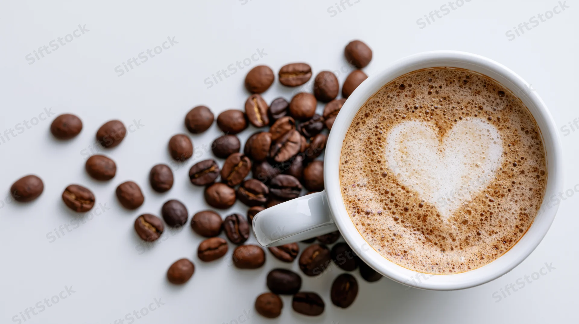 White ceramic cup of cappuccino with heart-shaped foam and scattered coffee beans on a plain surface