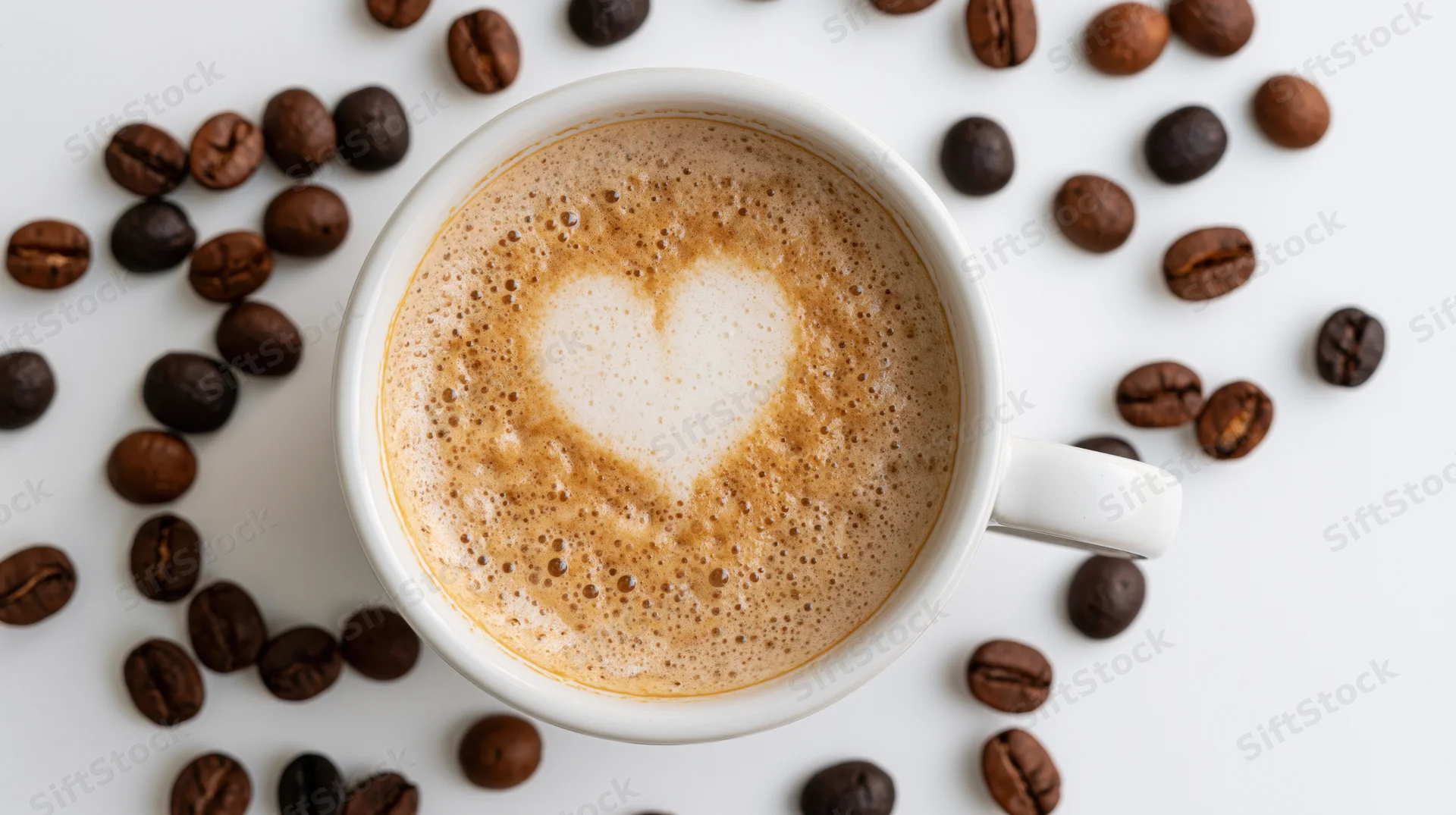 White ceramic cup of cappuccino with heart-shaped foam surrounded by roasted coffee beans on white surface