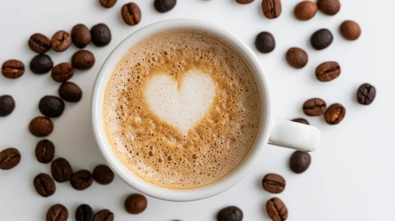 White ceramic cup of cappuccino with heart-shaped foam surrounded by roasted coffee beans on white surface