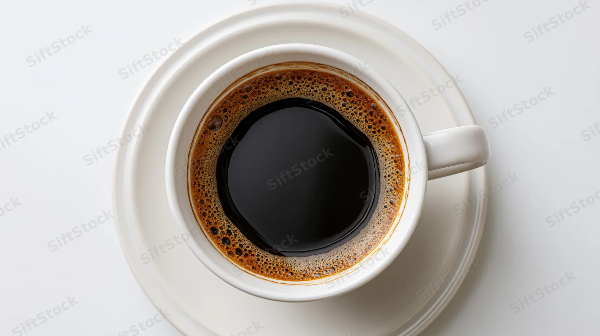 White ceramic coffee cup filled with black coffee on saucer viewed from above on plain surface