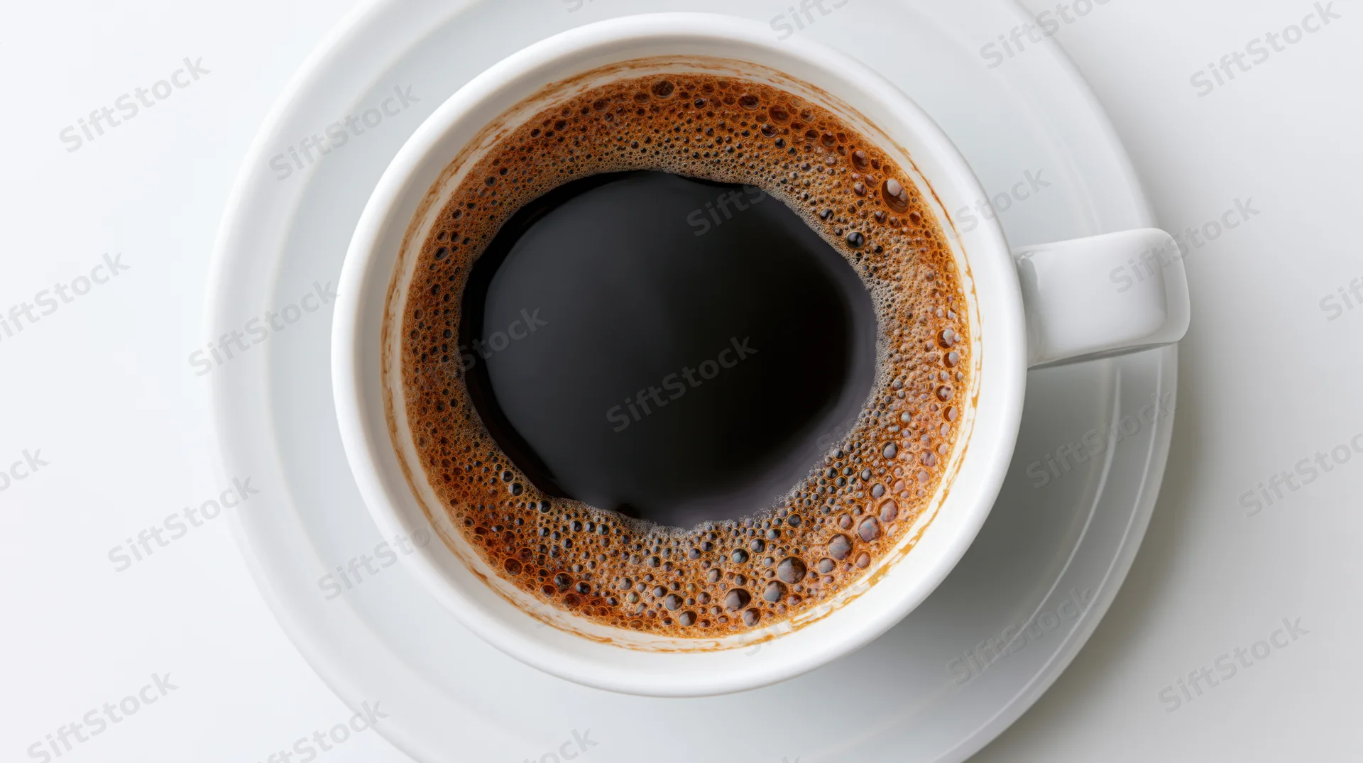White ceramic coffee cup filled with black coffee on saucer viewed from above