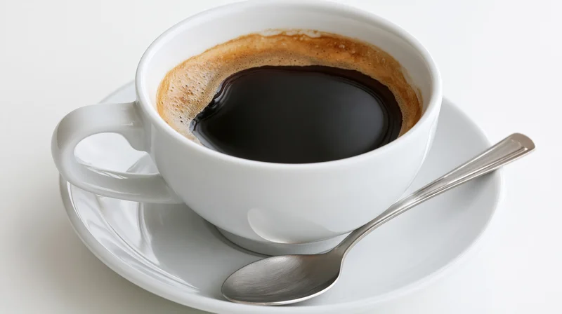 White ceramic coffee cup filled with black coffee on saucer with spoon, isolated on white background