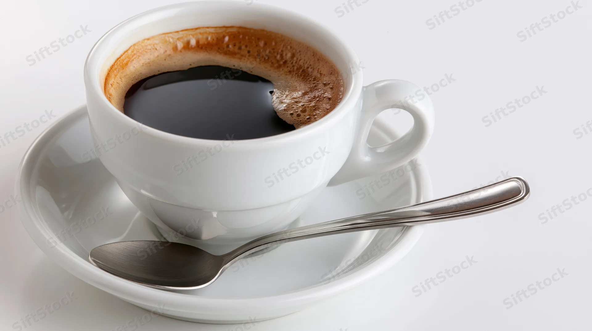 White ceramic coffee cup filled with black coffee and foam on saucer with spoon, isolated on white background