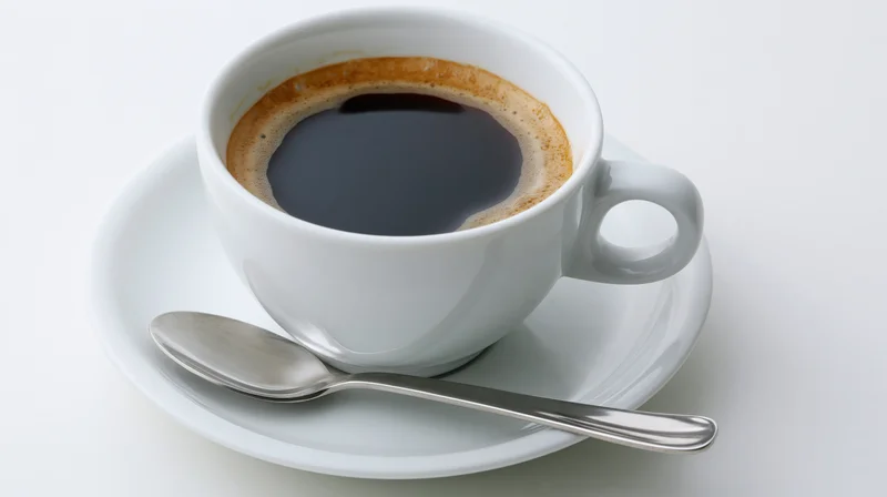 White ceramic coffee cup with black coffee and foam on saucer with spoon on plain white surface