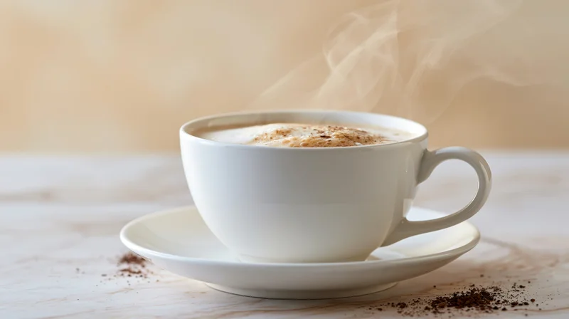 White ceramic coffee cup with steam and cocoa powder on saucer on wooden table