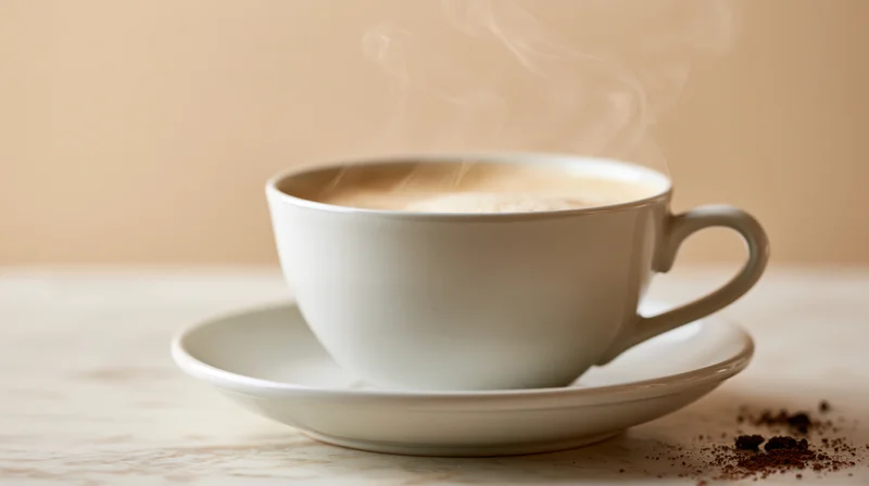 Steaming white ceramic coffee cup on saucer resting on wooden table with scattered coffee grounds