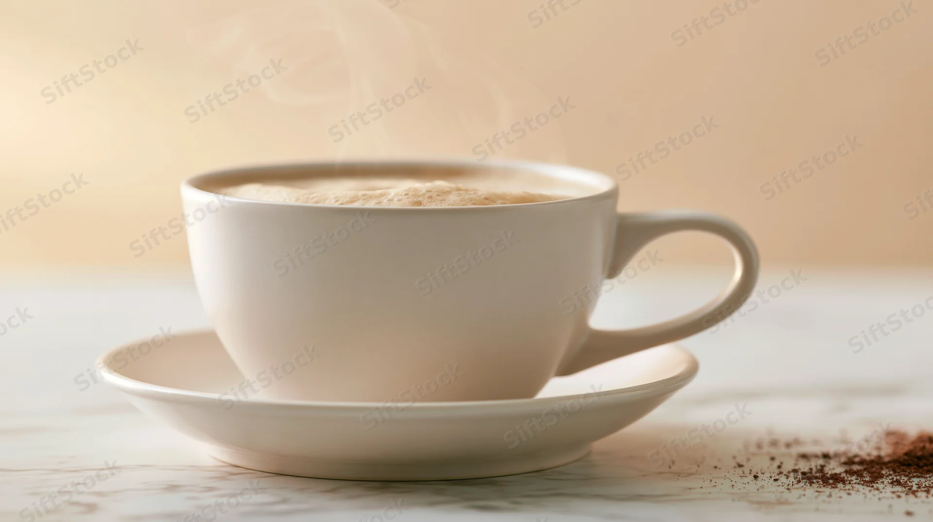 White ceramic coffee cup with steam on a marble table beside cocoa powder
