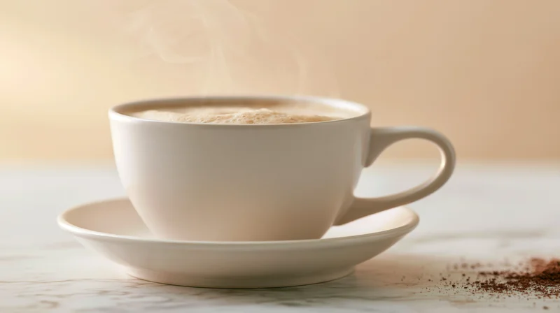 White ceramic coffee cup with steam on a marble table beside cocoa powder