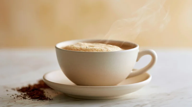 Steaming coffee cup on a white ceramic saucer on a marble table with scattered coffee grounds