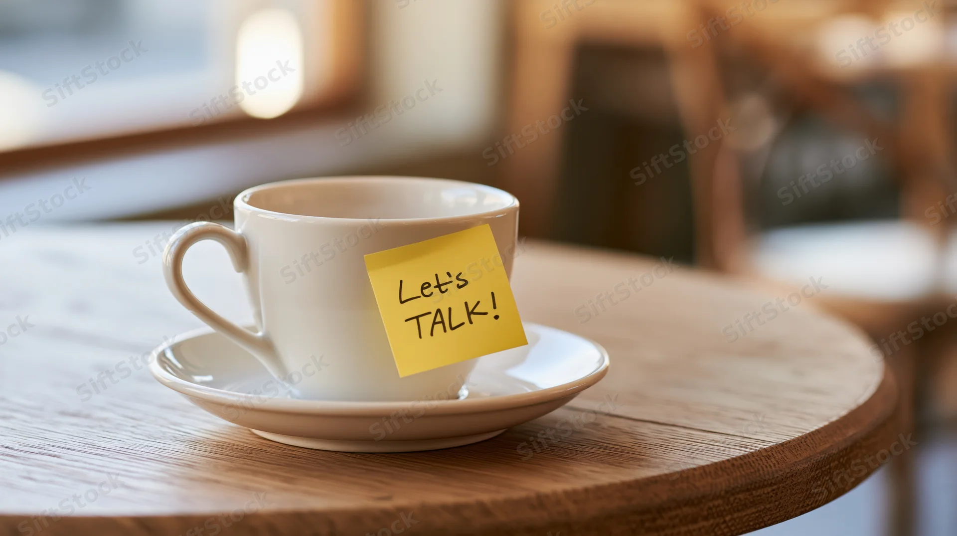 White ceramic coffee cup with yellow sticky note reading letstalk on wooden table in cafe interior