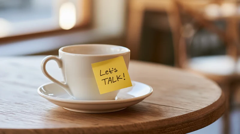 White ceramic coffee cup with yellow sticky note reading letstalk on wooden table in cafe interior