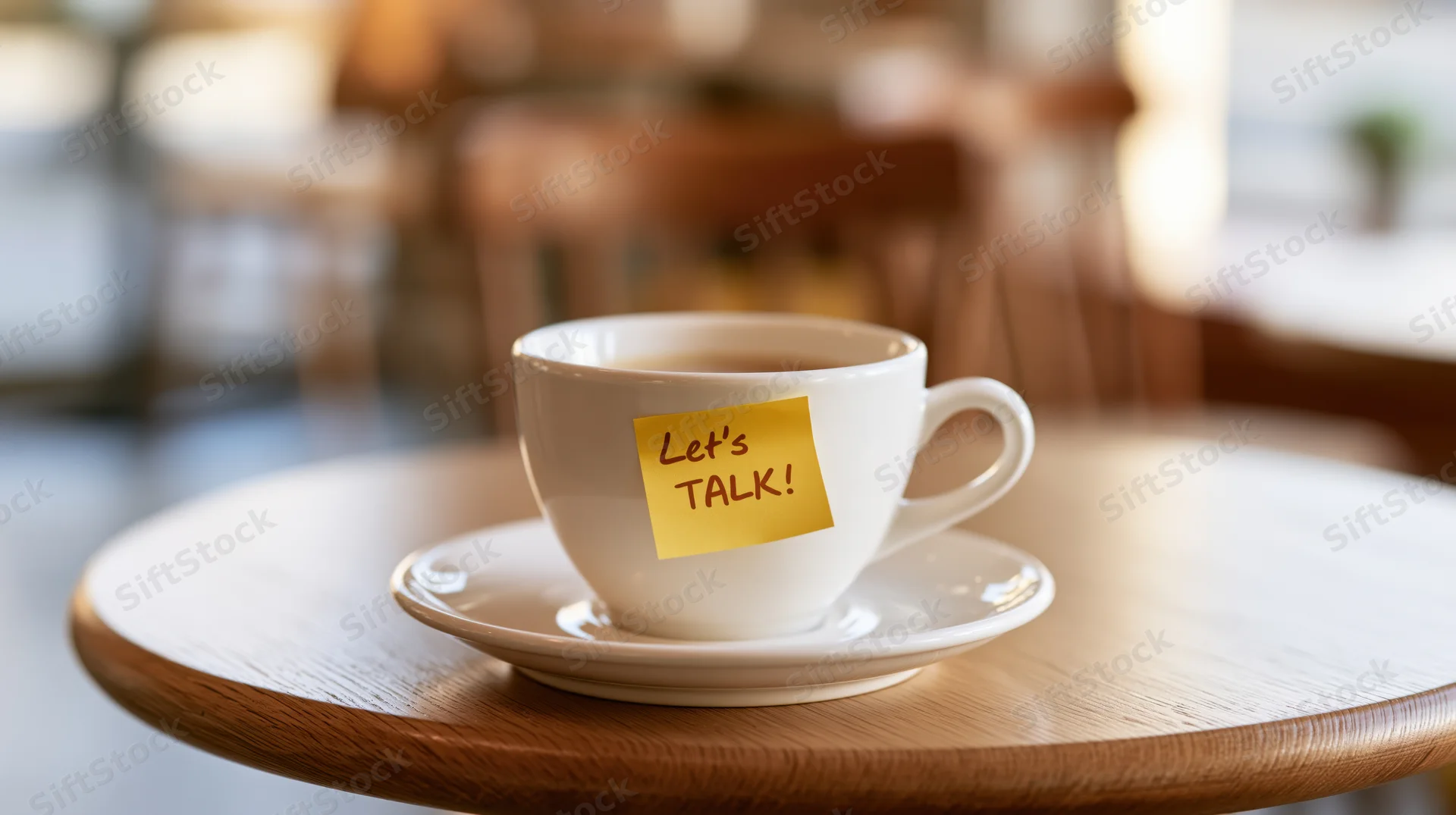 White ceramic coffee cup with sticky note reading letstalk on wooden table in cafe setting