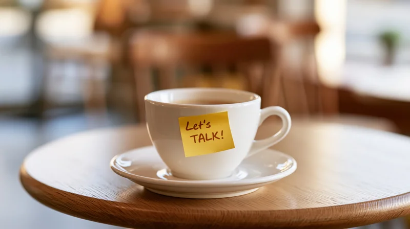White ceramic coffee cup with sticky note reading letstalk on wooden table in cafe setting